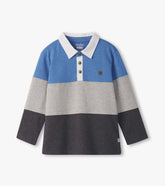 Boys Blue and Grey Color Block Long Sleeve Polo Shirt