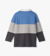 Boys Blue and Grey Color Block Long Sleeve Polo Shirt