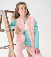 Girls Pale Pink Feather Faux Fur Vest