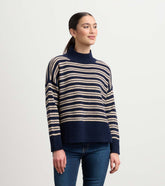 Mock Neck Sweater - Navy and Camel Stripe
