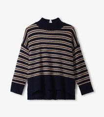Mock Neck Sweater - Navy and Camel Stripe