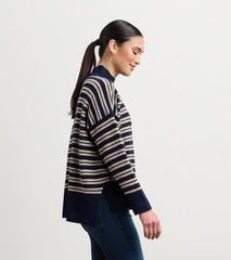Mock Neck Sweater - Navy and Camel Stripe