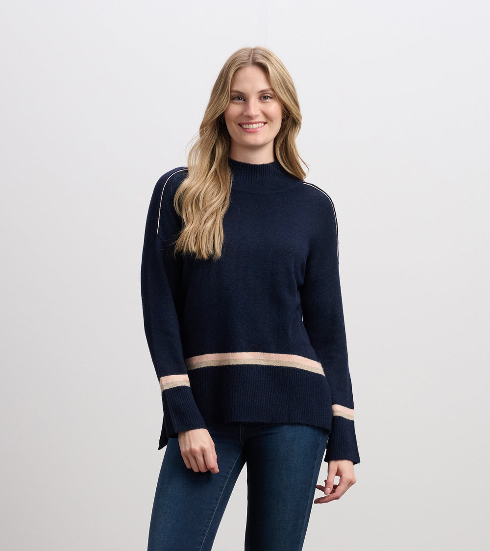 Mock Neck Sweater - Navy Stripe