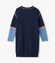 Girls Navy Flower Drop Shoulder Sweater Dress