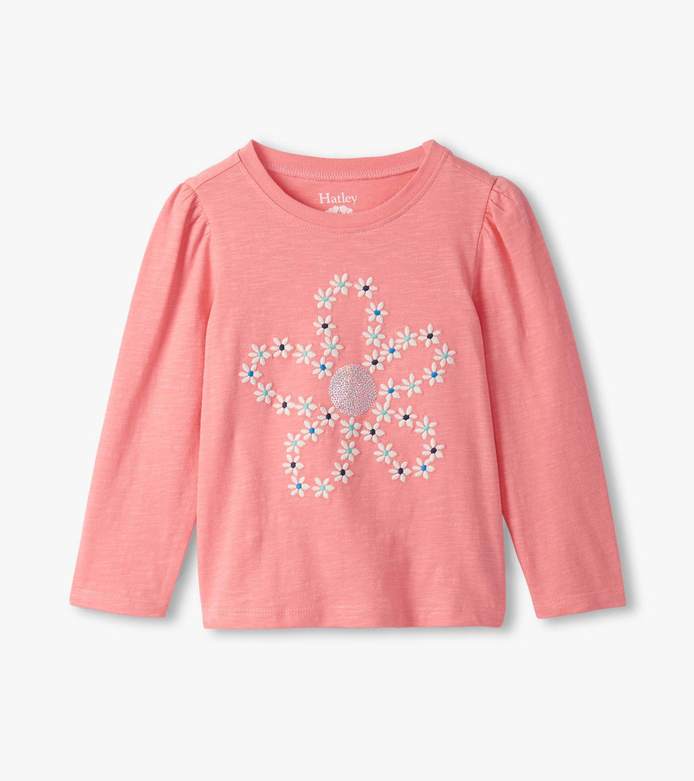 Girls Embroidered Flowers Puff Sleeve Graphic Tee