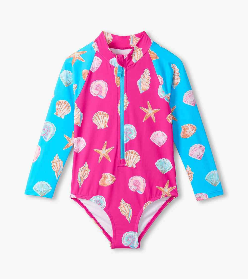 Girls Sea Shells Long Sleeve One-Piece Rashguard Swimsuit