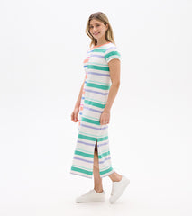 Pleated Sleeve Midi Dress - Offset Stripes