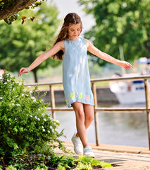 Girls Soft Blue Tencel Embroidered Pinafore Dress