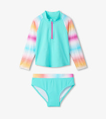 Girls Turquoise Shimmer Long Sleeve Two-Piece Rashguard Swimsuit