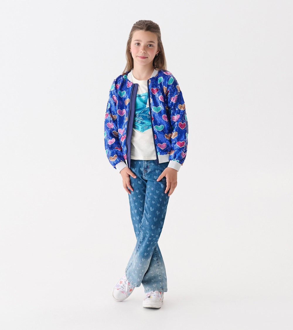 Girls Bursted Hearts Sequin Bomber Jacket