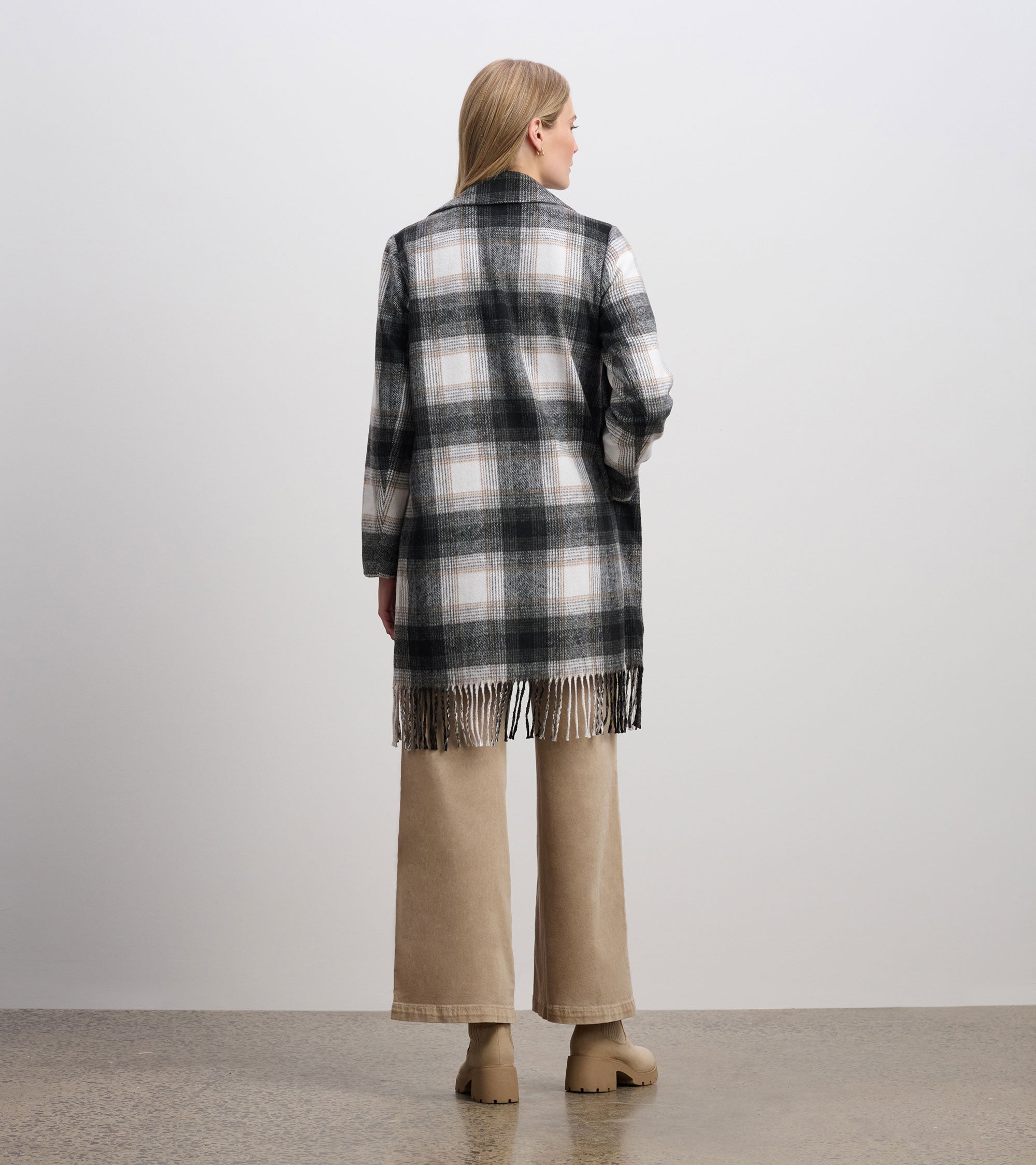 Fringe Jacket - Black and Taupe Plaid