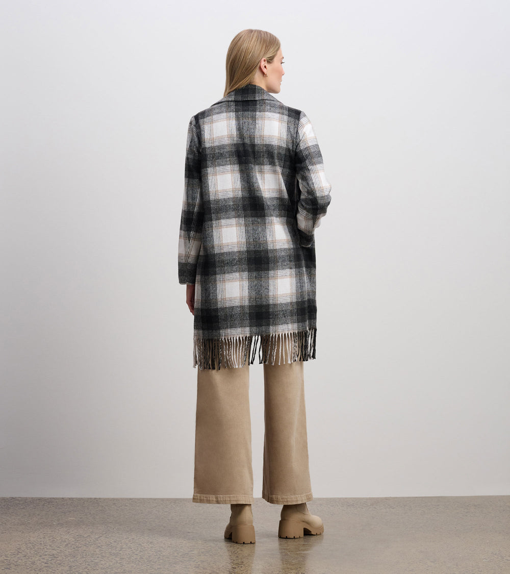 Fringe Jacket - Black and Taupe Plaid
