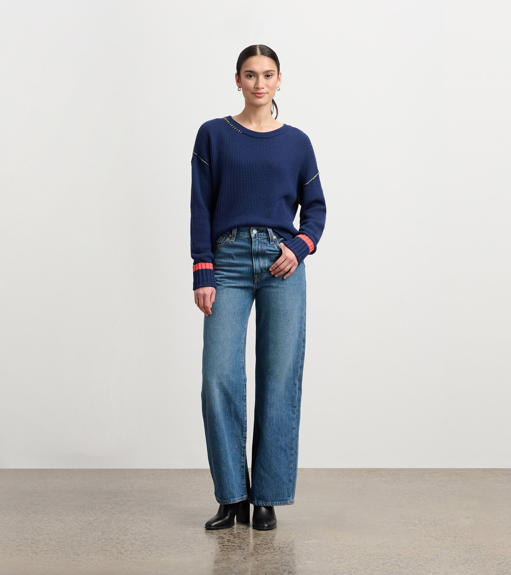 Waffle Knit Sweater - Navy