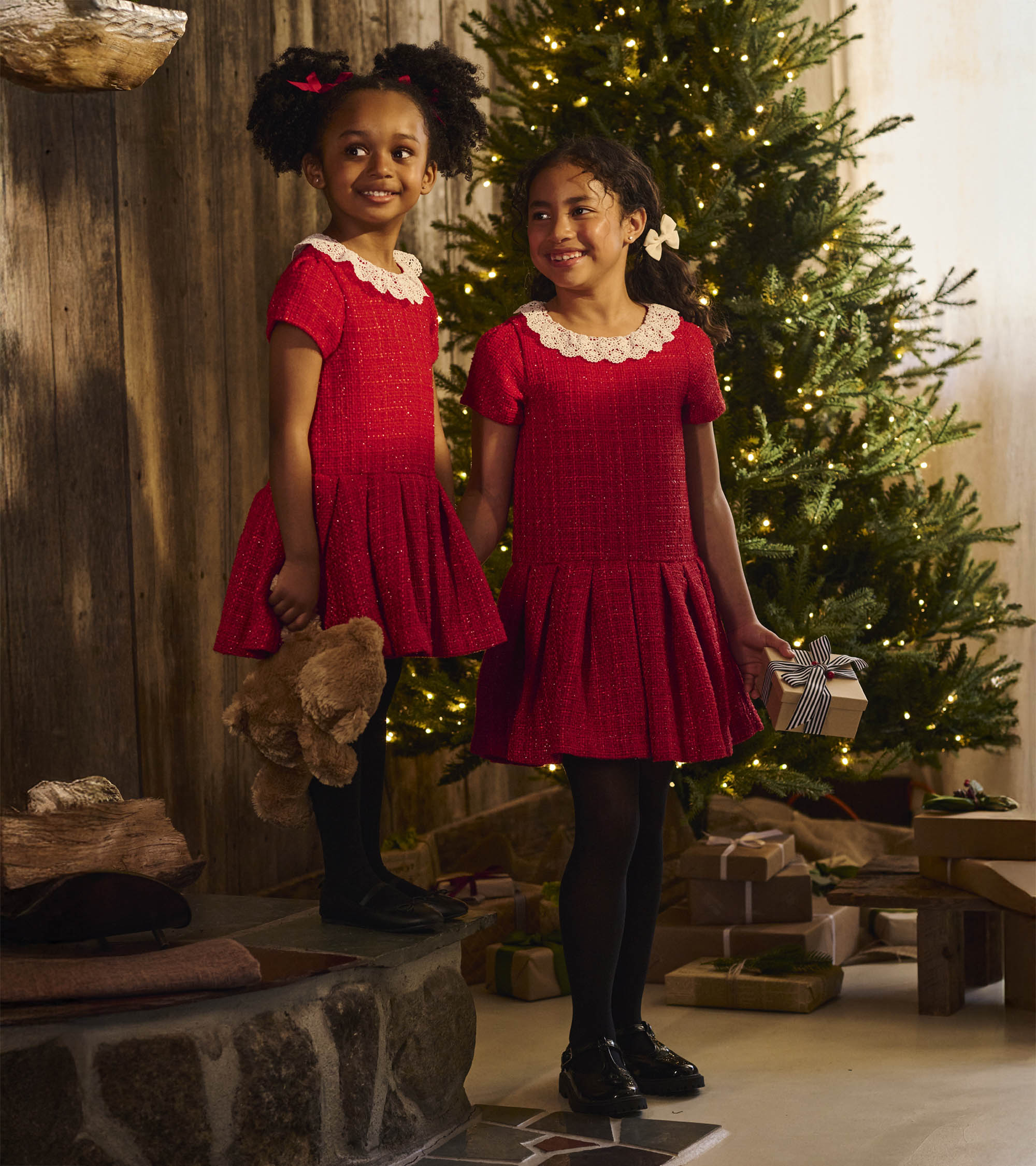 Girls Sparkle Boucle Pleated Lace Collar Dress