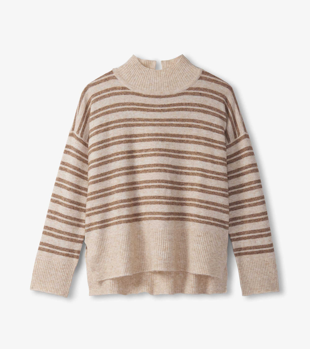 Mock Neck Sweater - Double Stripe Camel
