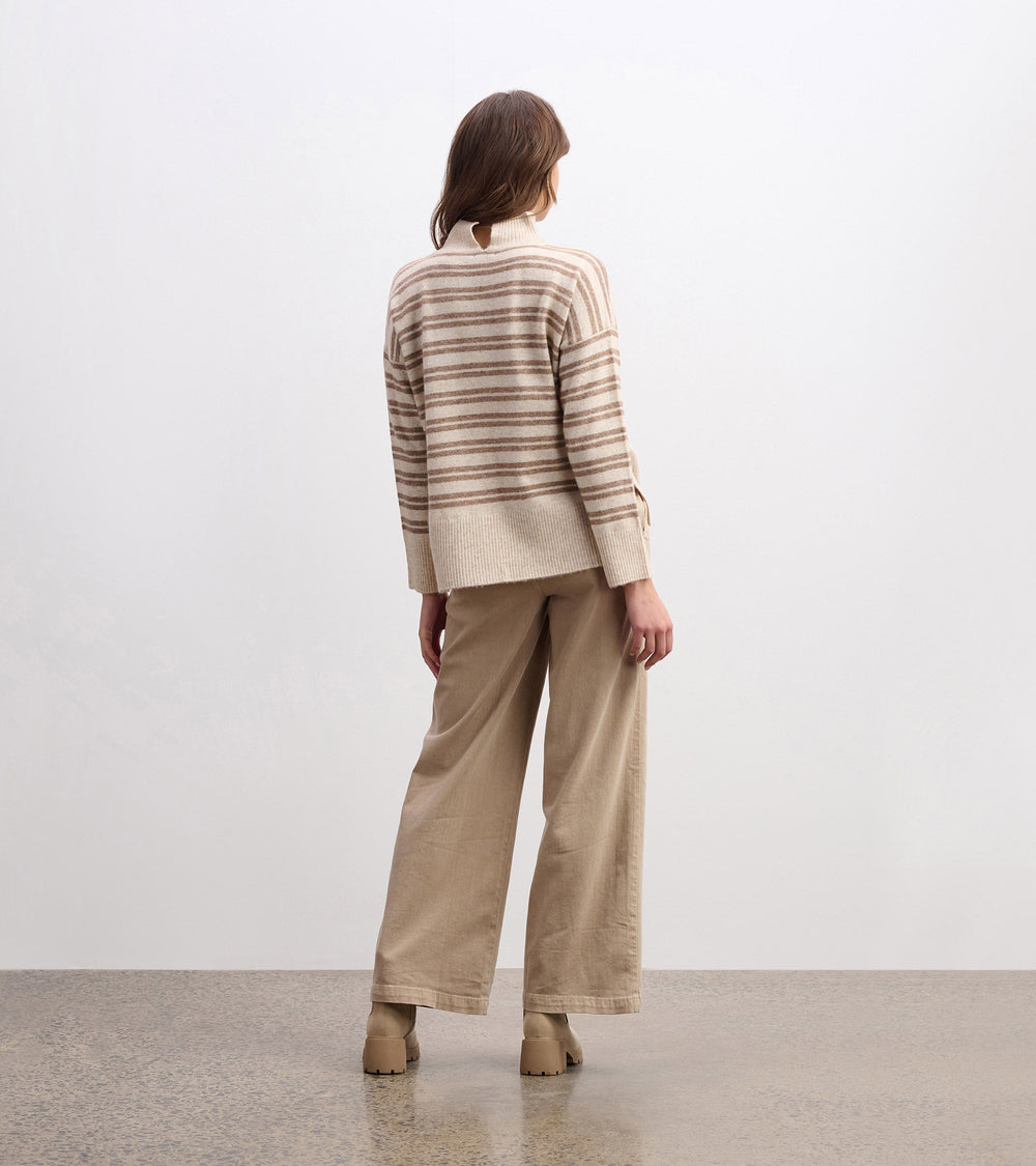 Mock Neck Sweater - Double Stripe Camel