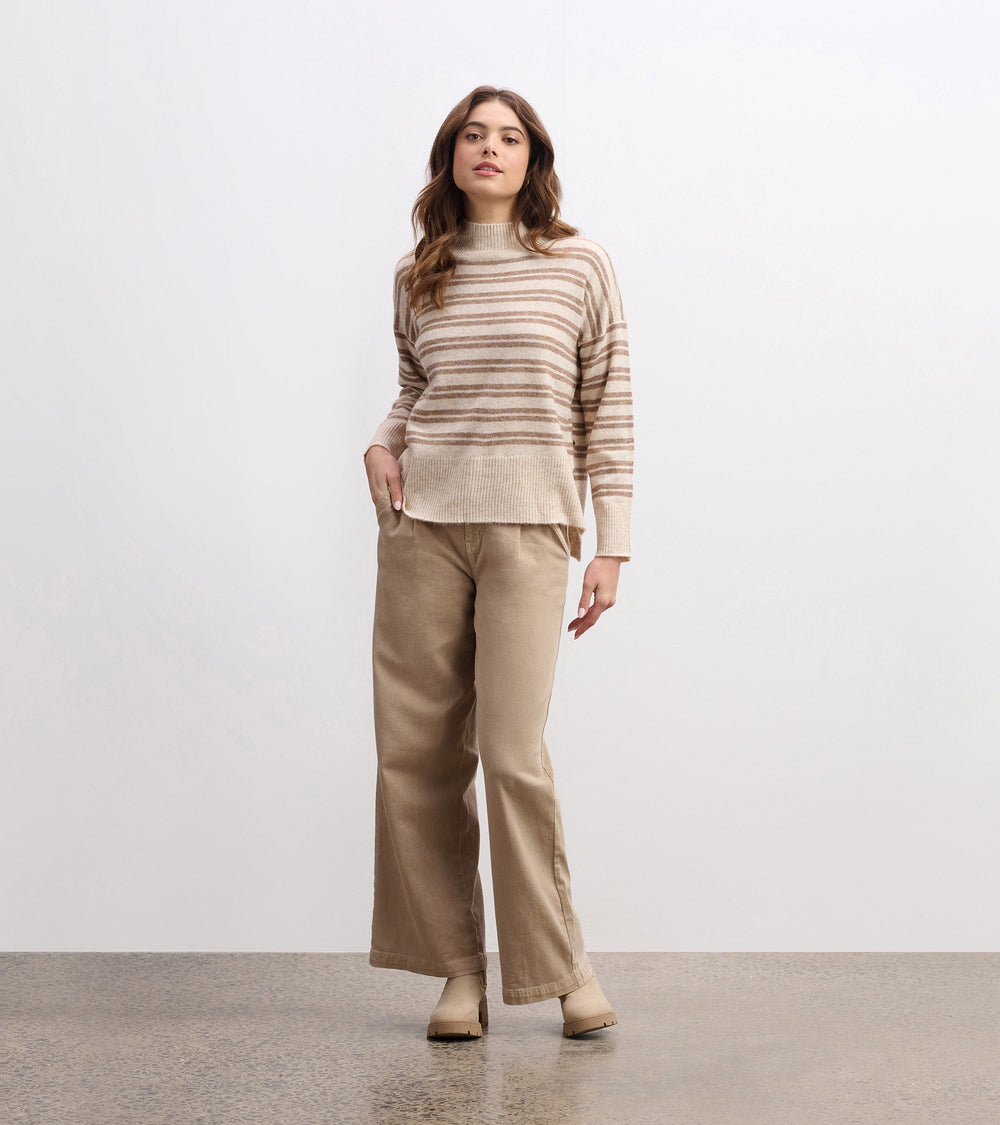 Mock Neck Sweater - Double Stripe Camel