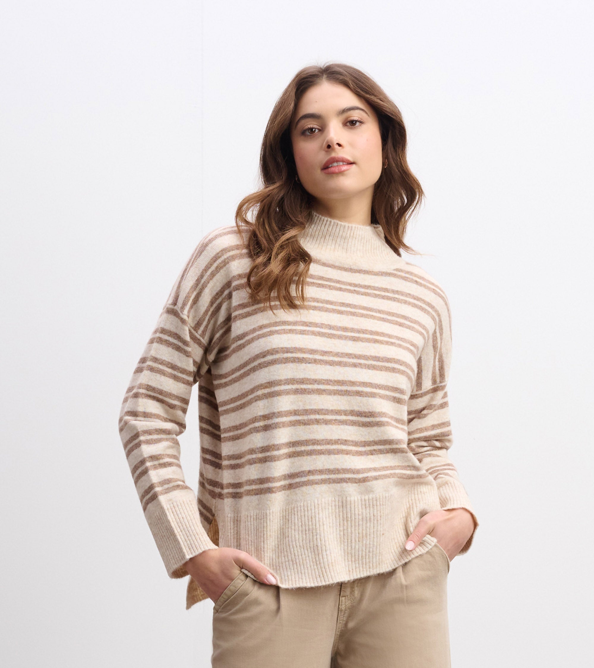 Mock Neck Sweater - Double Stripe Camel