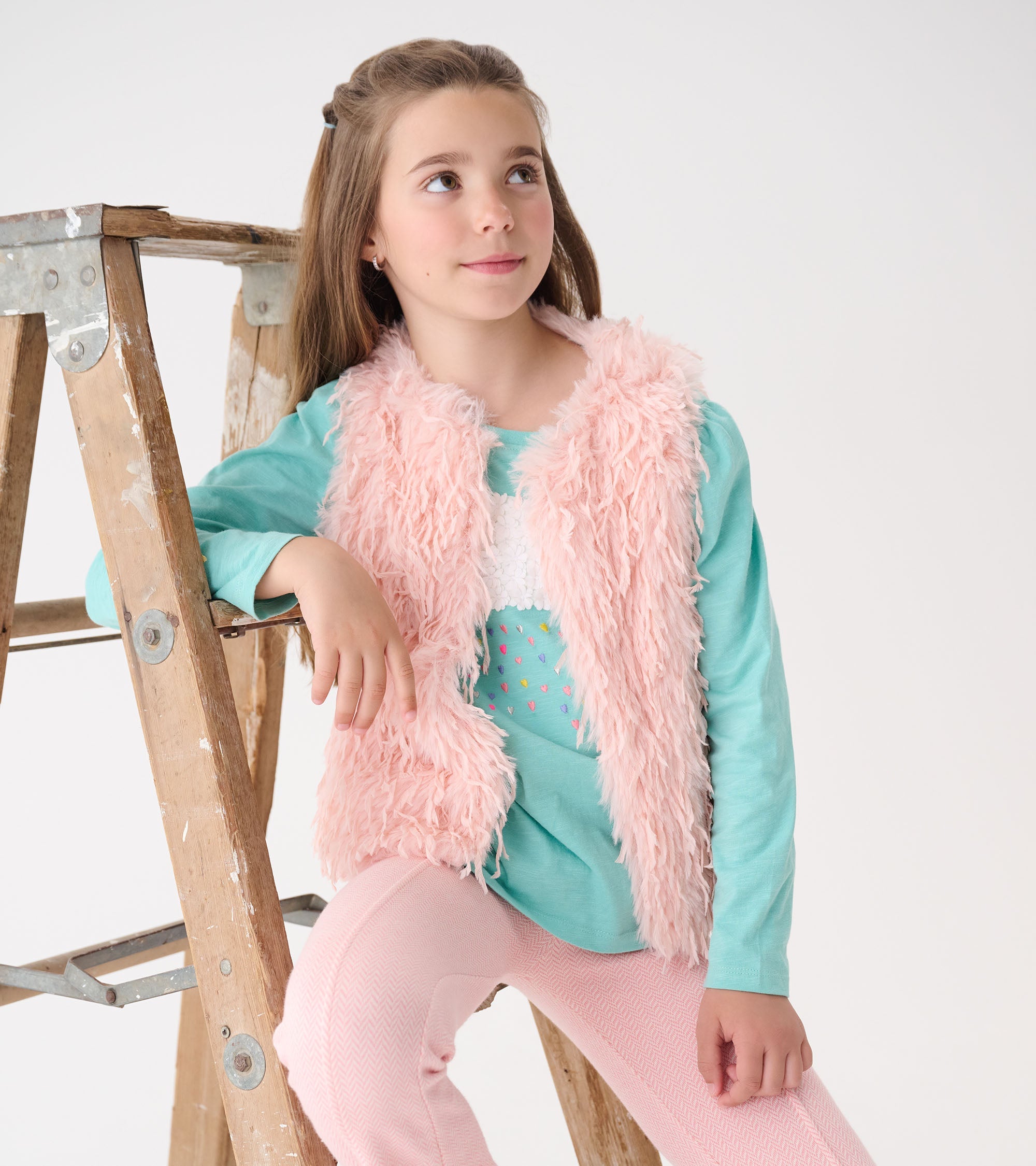 Girls Pale Pink Feather Faux Fur Vest