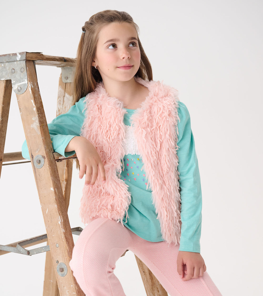 Girls Pale Pink Feather Faux Fur Vest