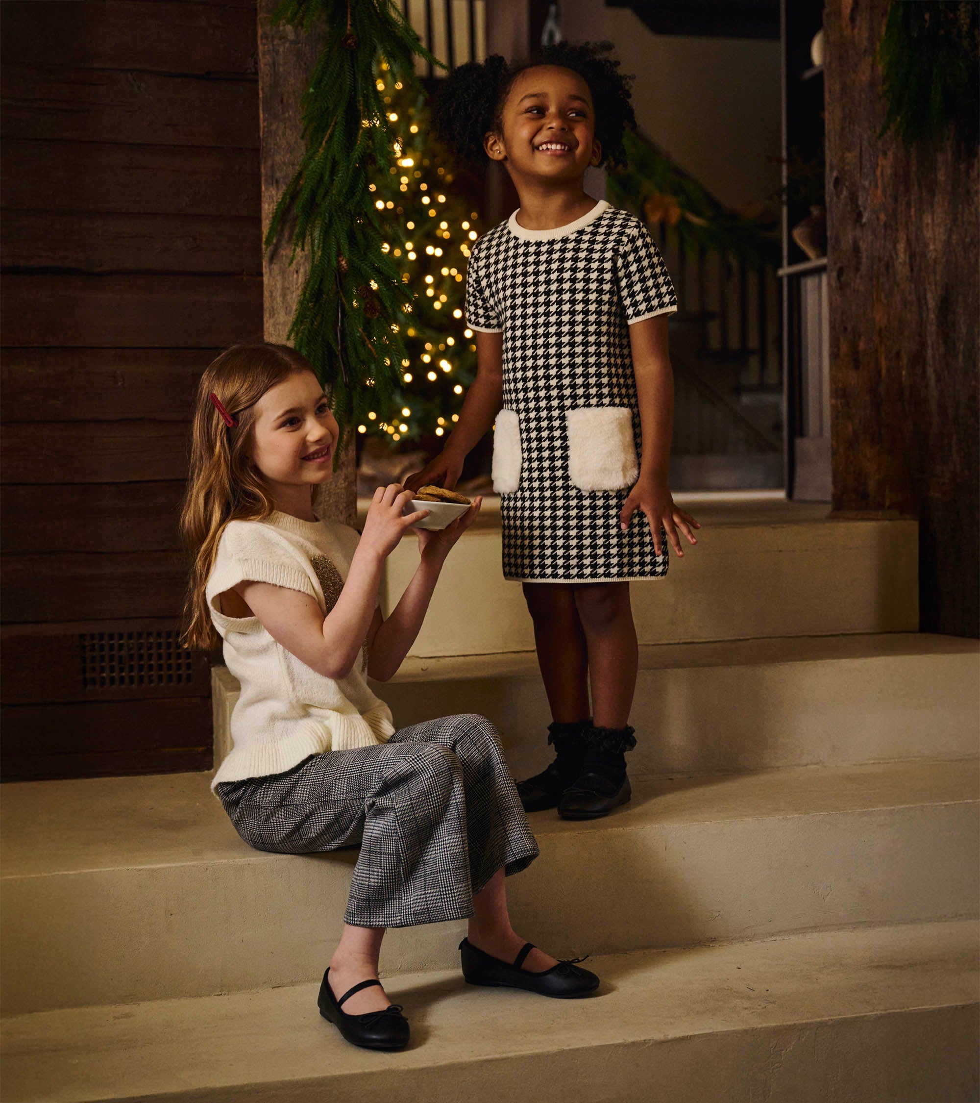 Girls Houndstooth Sweater Dress with Faux Fur Pockets