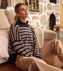 Mock Neck Sweater - Navy and Camel Stripe