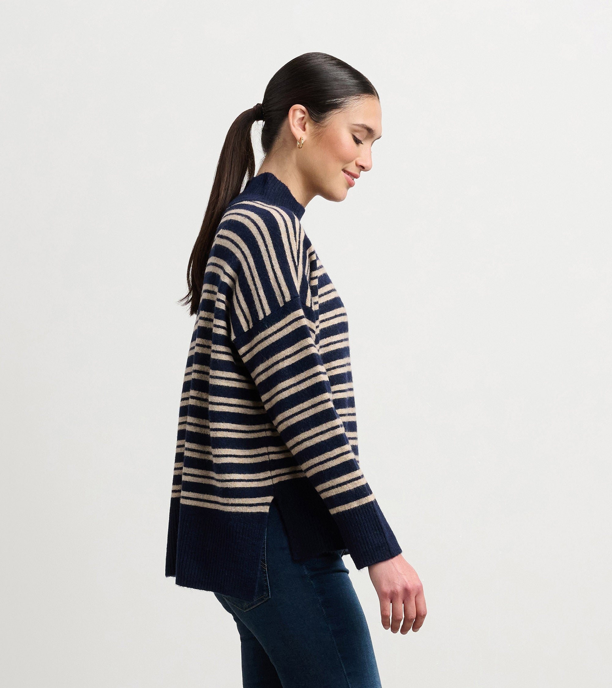 Mock Neck Sweater - Navy and Camel Stripe