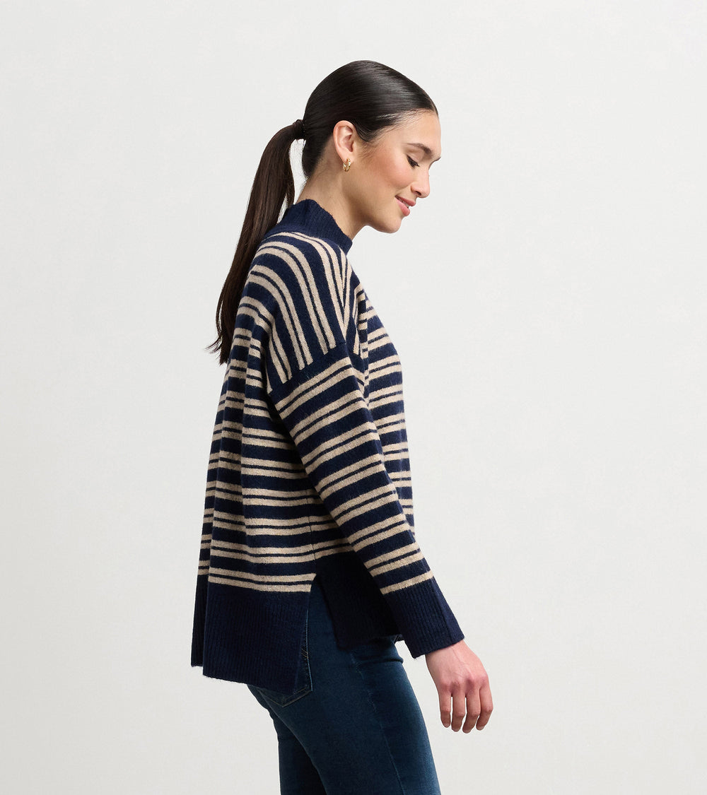 Mock Neck Sweater - Navy and Camel Stripe