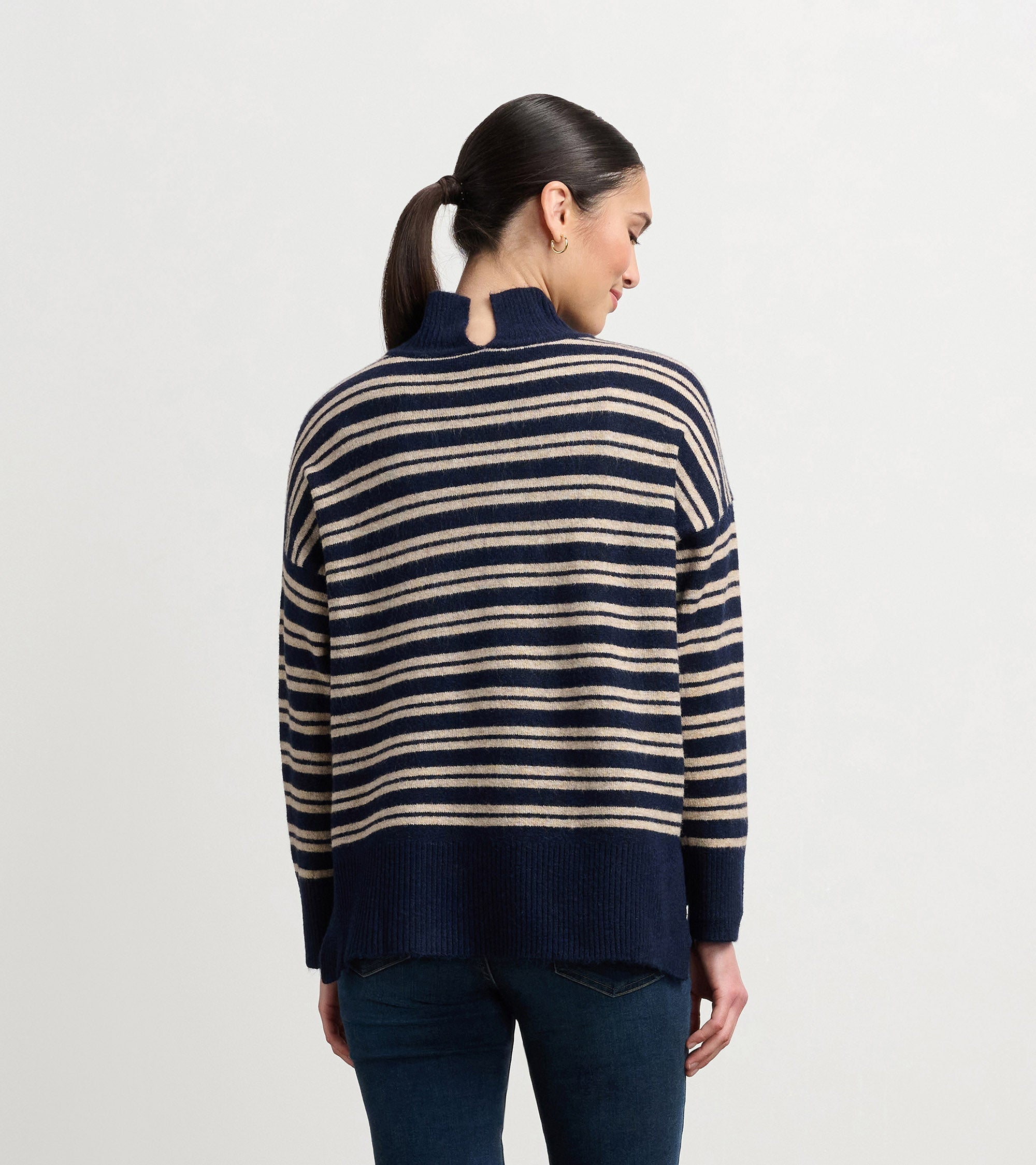 Mock Neck Sweater - Navy and Camel Stripe