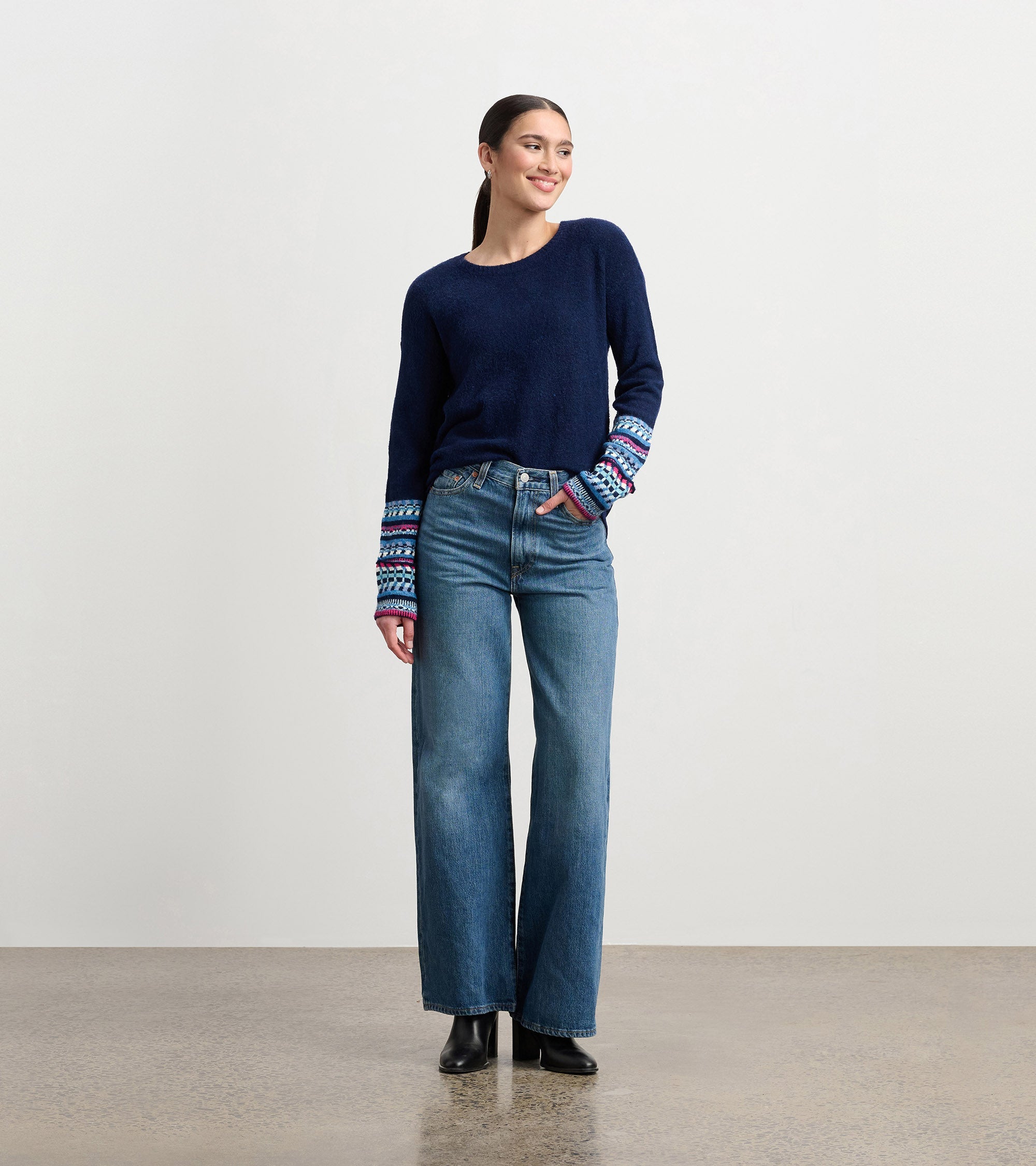 Jacquard Cuff Sweater - Navy