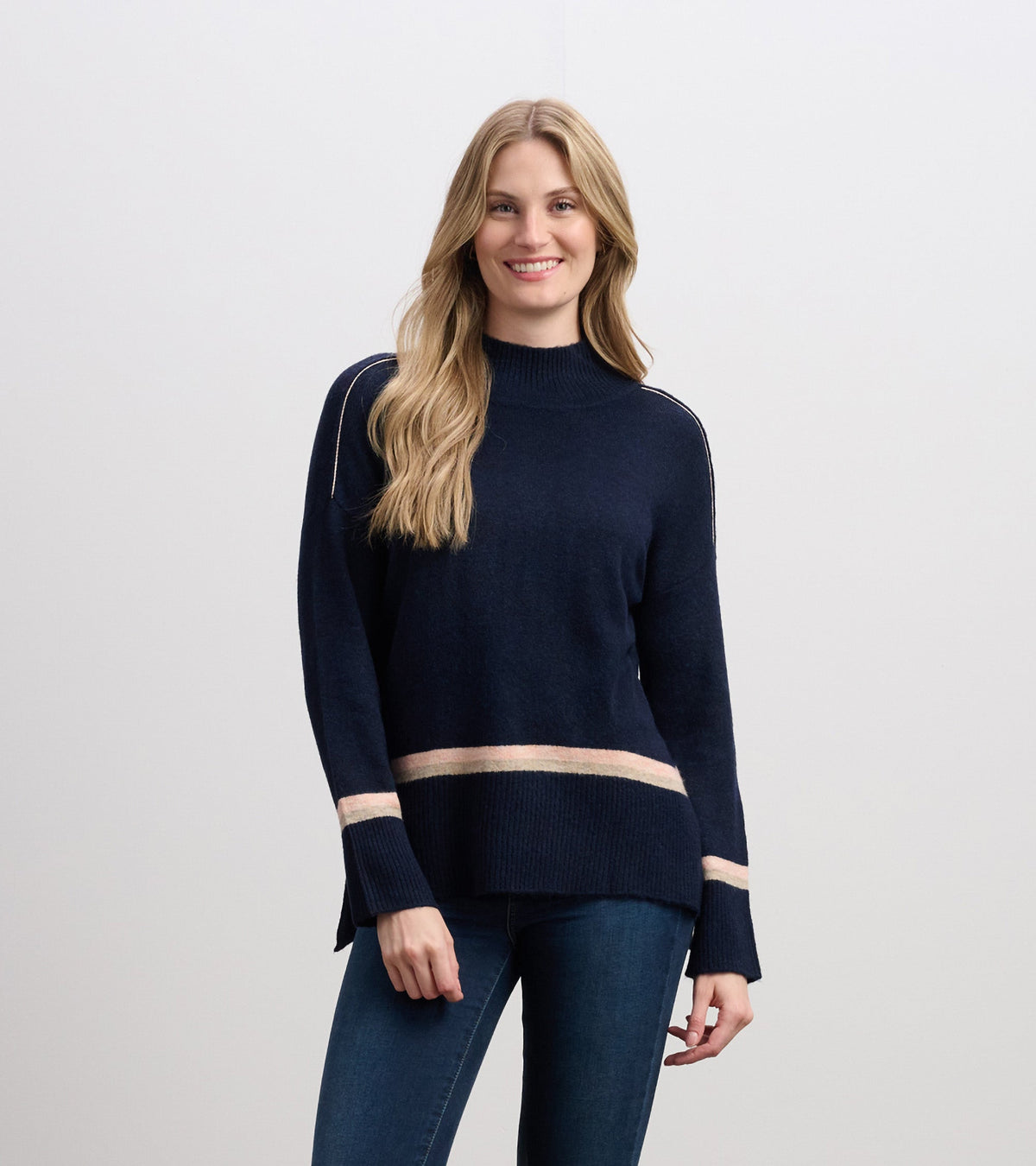 Mock Neck Sweater - Navy Stripe