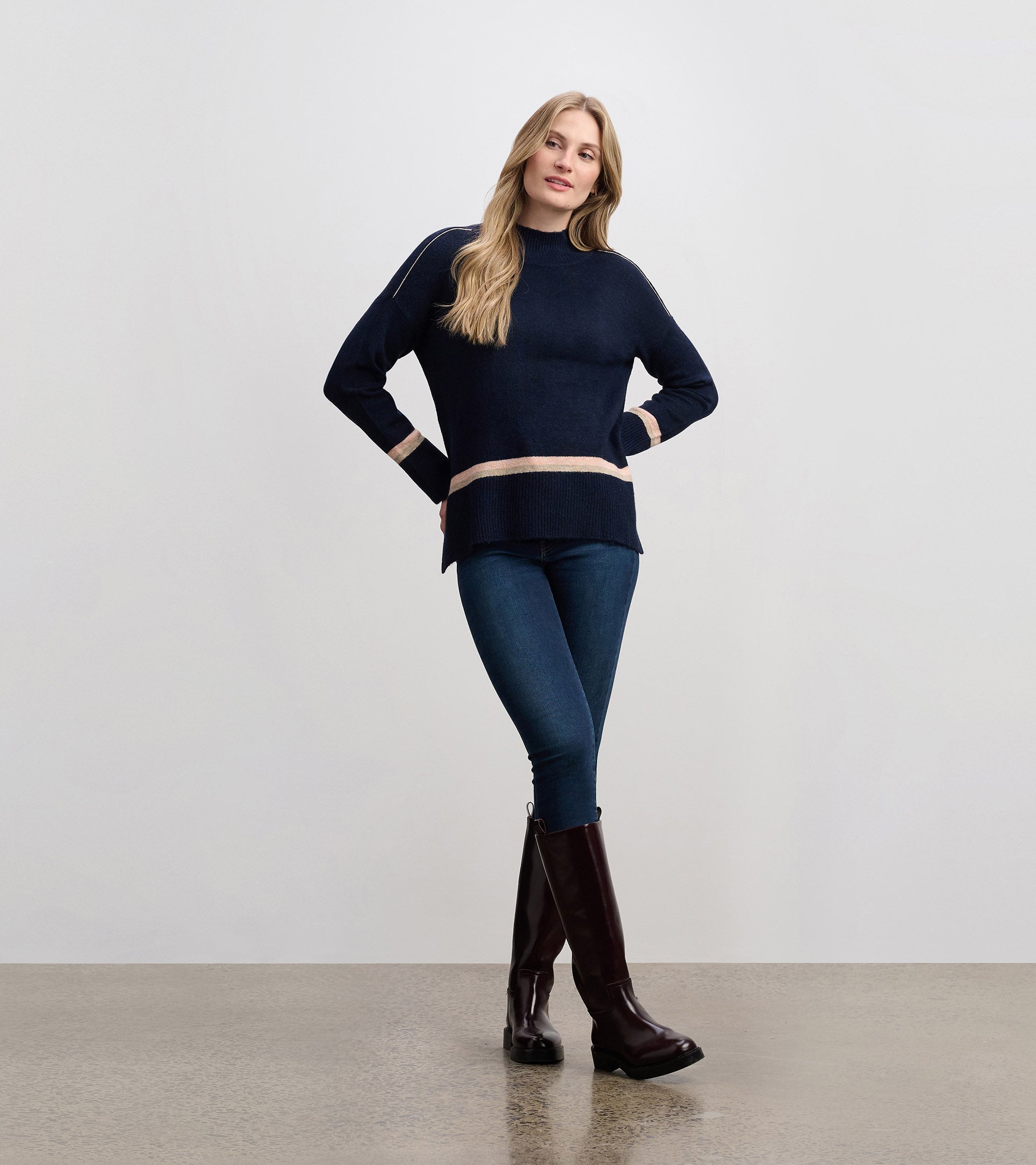 Mock Neck Sweater - Navy Stripe