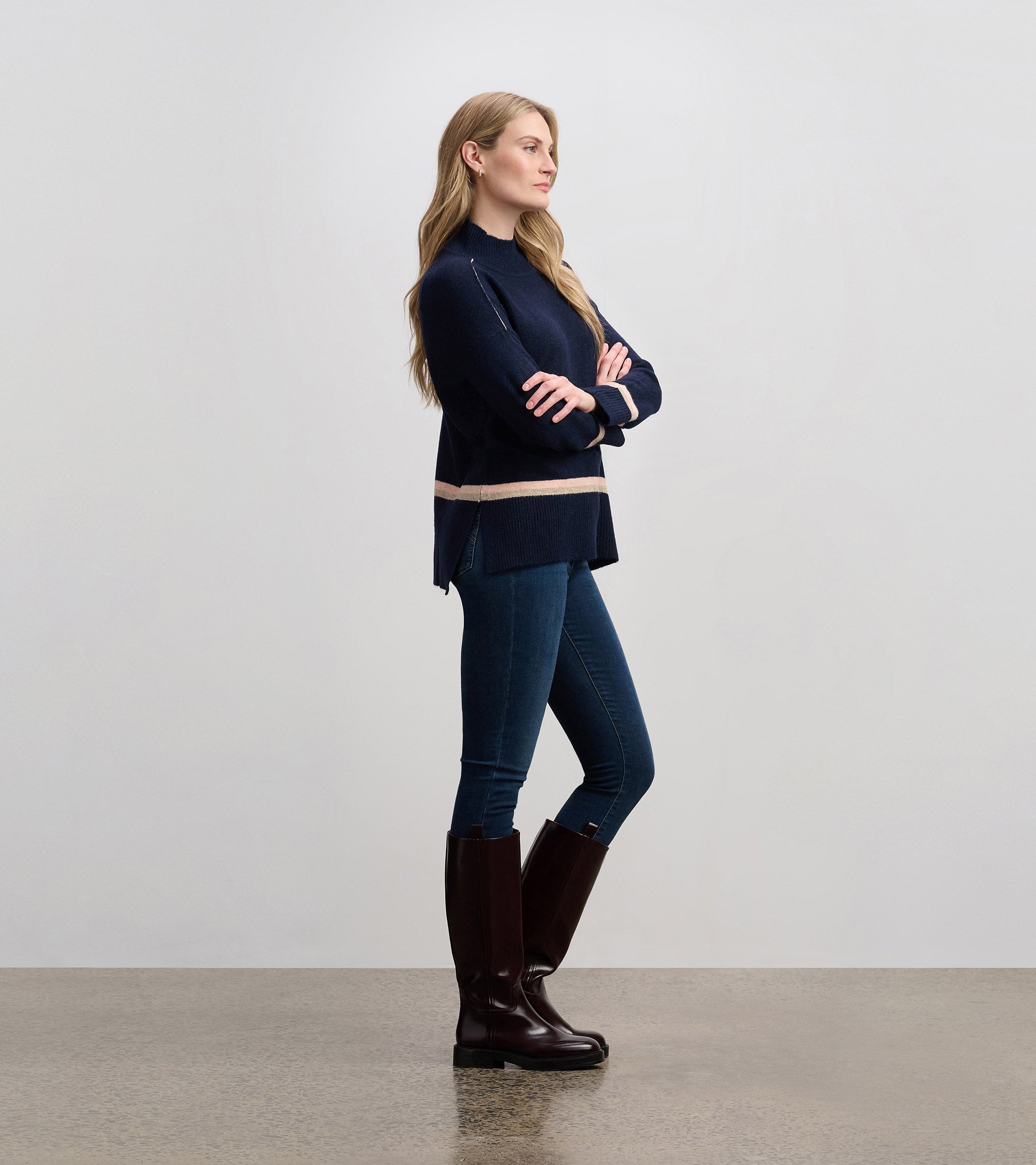Mock Neck Sweater - Navy Stripe