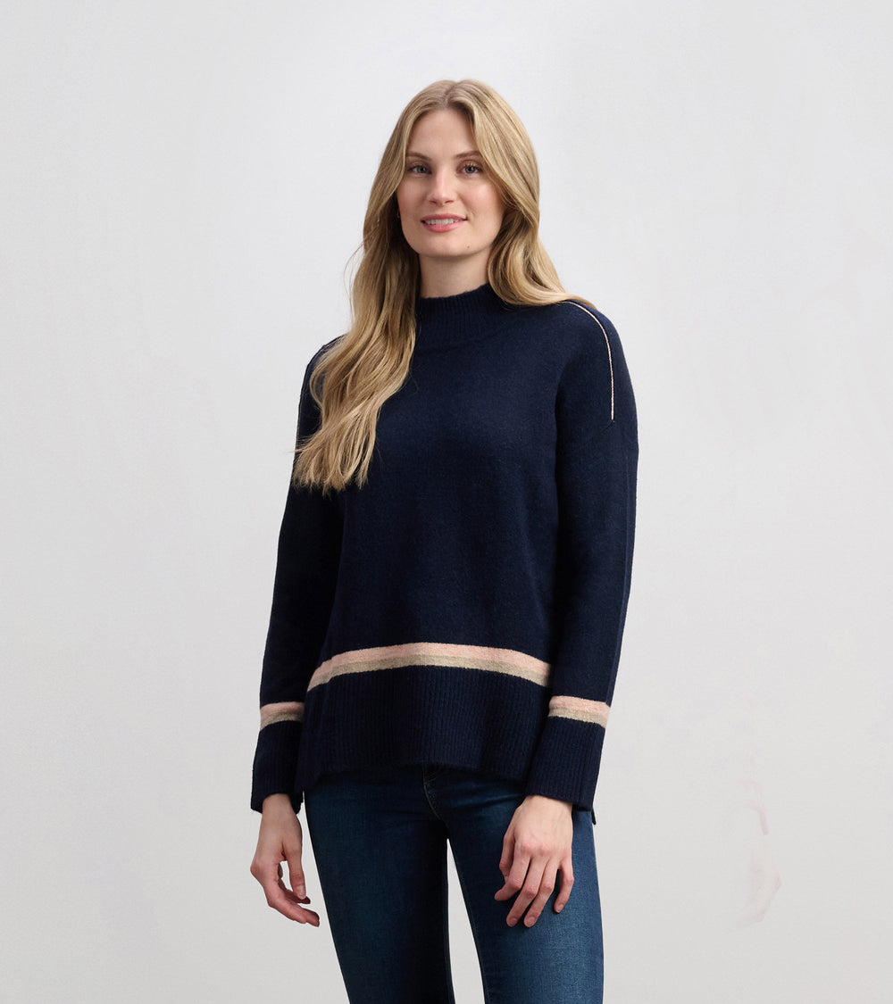 Mock Neck Sweater - Navy Stripe