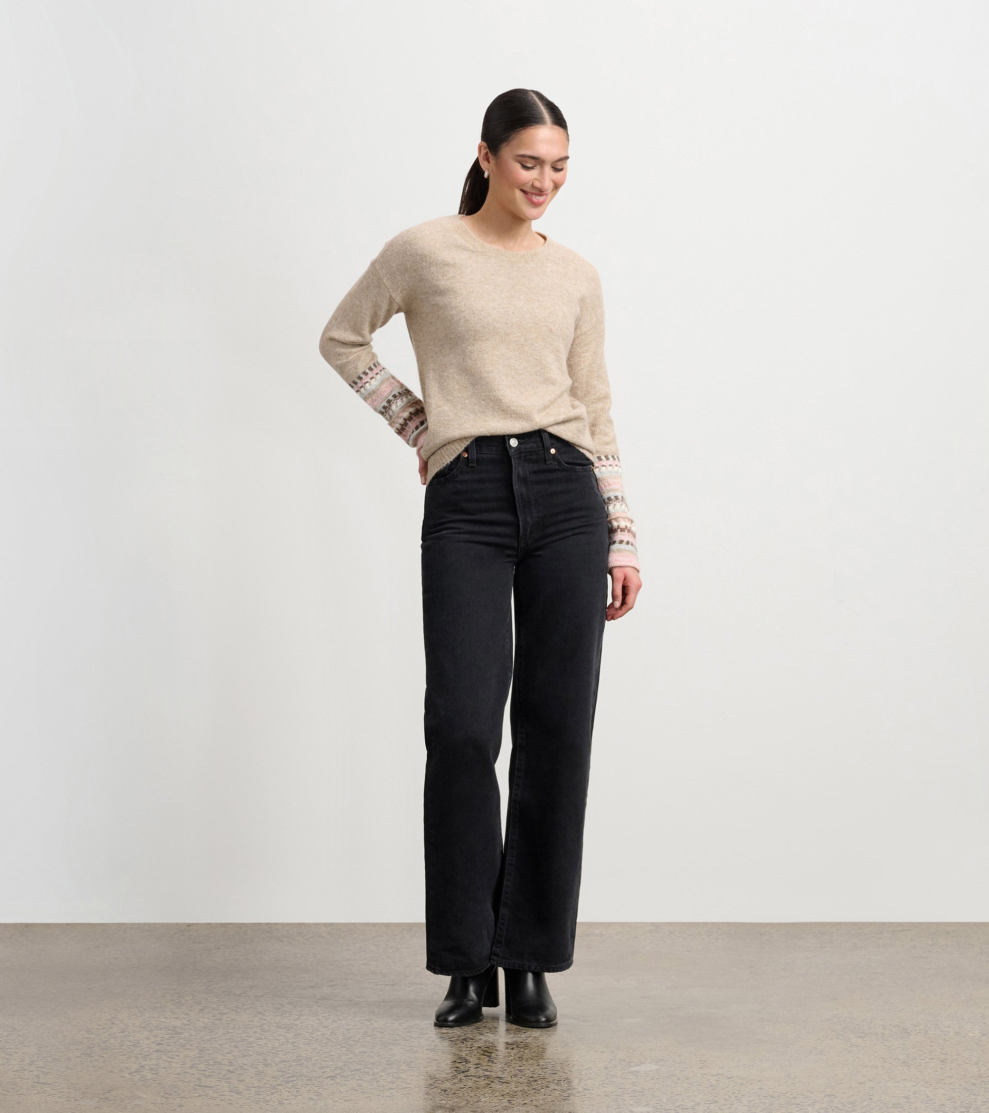 Jacquard Cuff Sweater - Oatmeal Melange