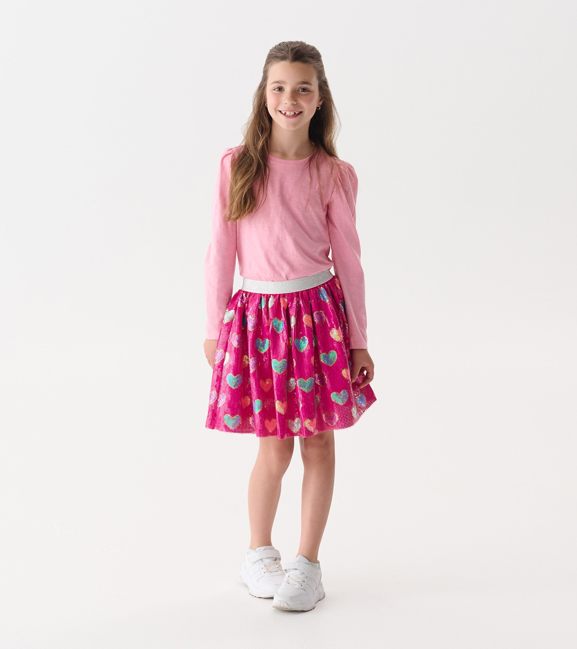 Girls Pink Busted Hearts Sequin Skirt