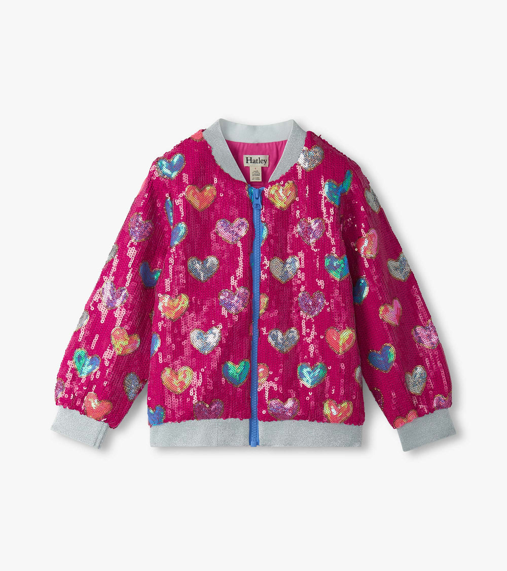 Girls Pink Busted Hearts Sequin Bomber Jacket