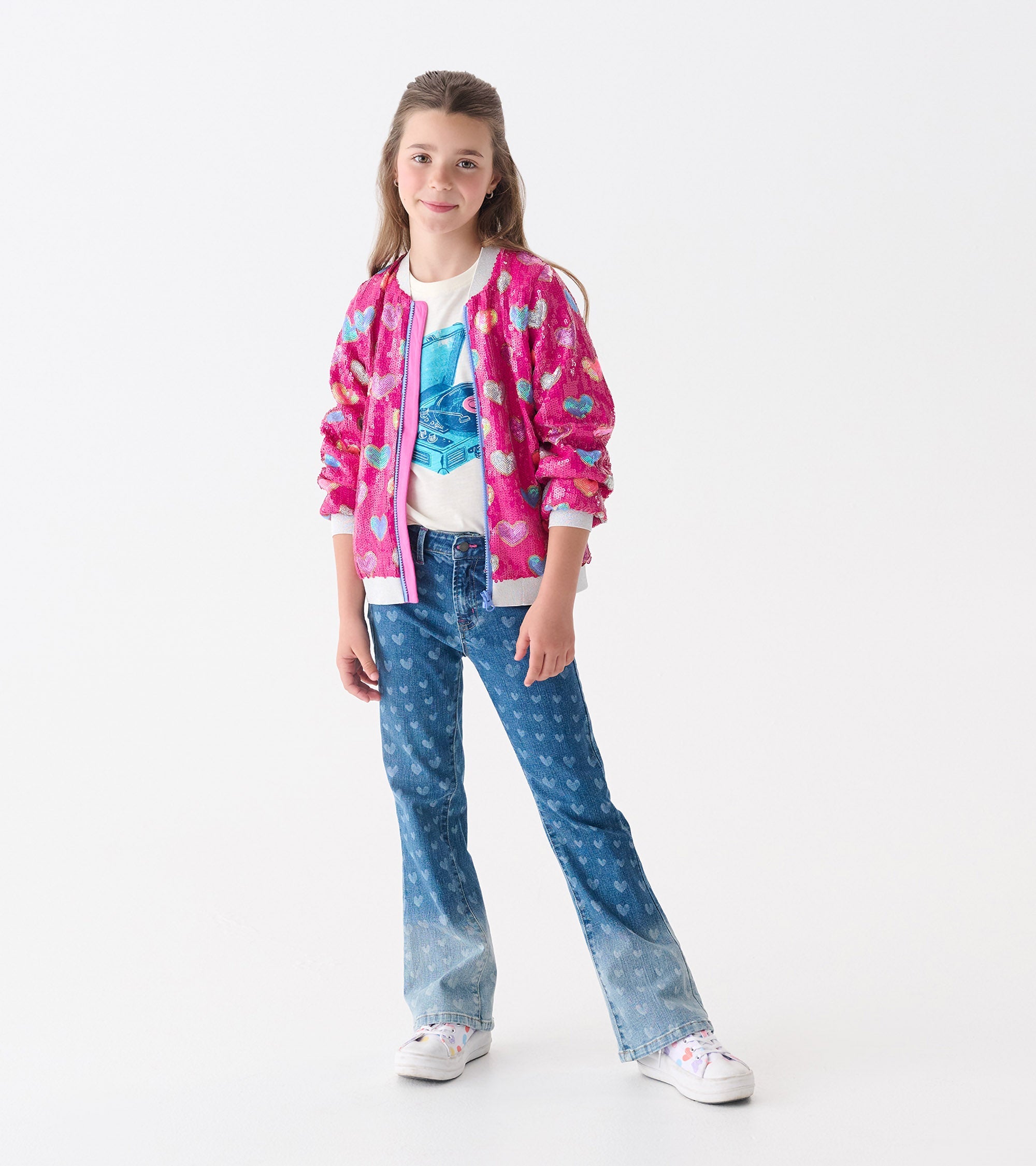 Girls Pink Busted Hearts Sequin Bomber Jacket