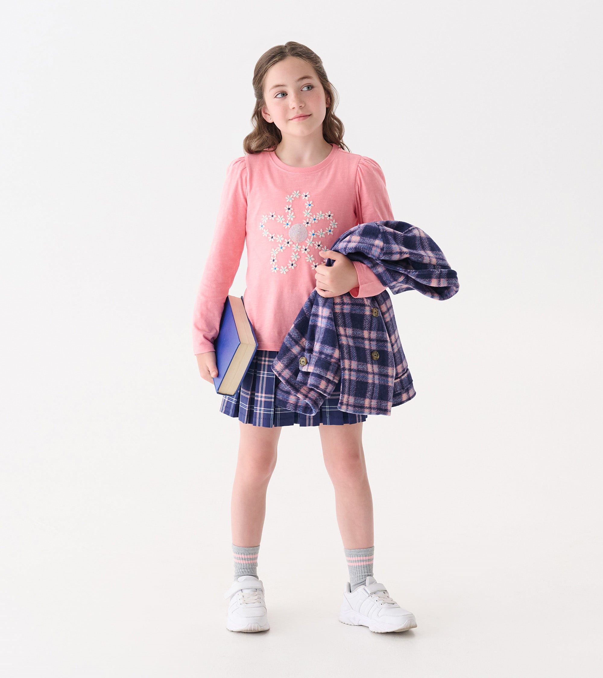 Girls Embroidered Flowers Puff Sleeve Graphic Tee