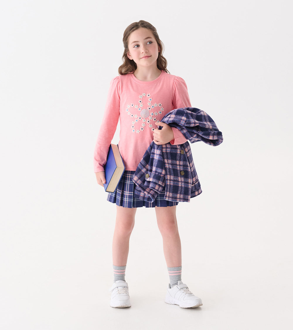 Girls Embroidered Flowers Puff Sleeve Graphic Tee