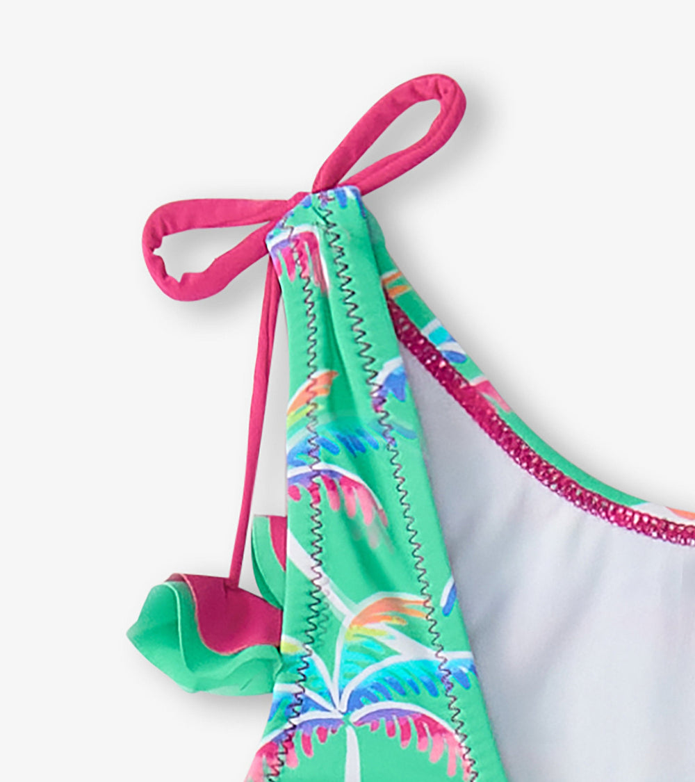 Girls Rainbow Palm Shoulder Shoulder Bow Swimsuit