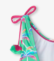 Girls Rainbow Palm Shoulder Shoulder Bow Swimsuit