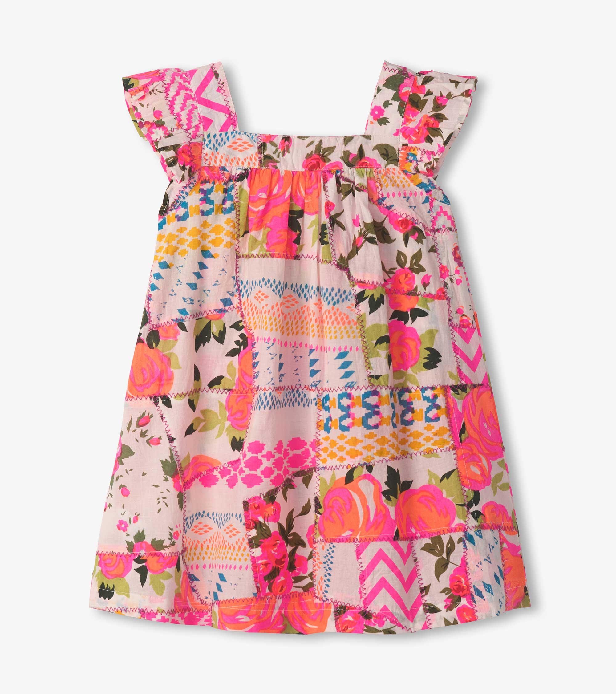 Girls Floral Patchwork Flutter Puff Dress