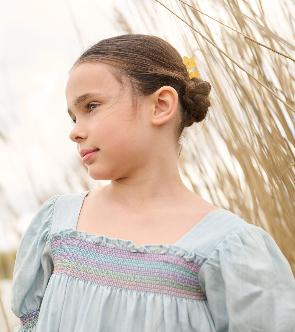 Girls Soft Blue Denim Puff Sleeve Smocked Dress