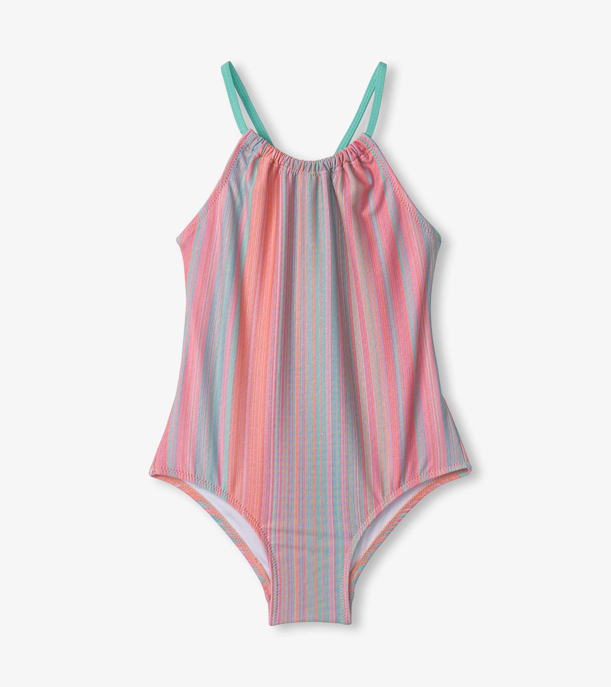 Girls Shimmer Stripe Gather Front Swimsuit