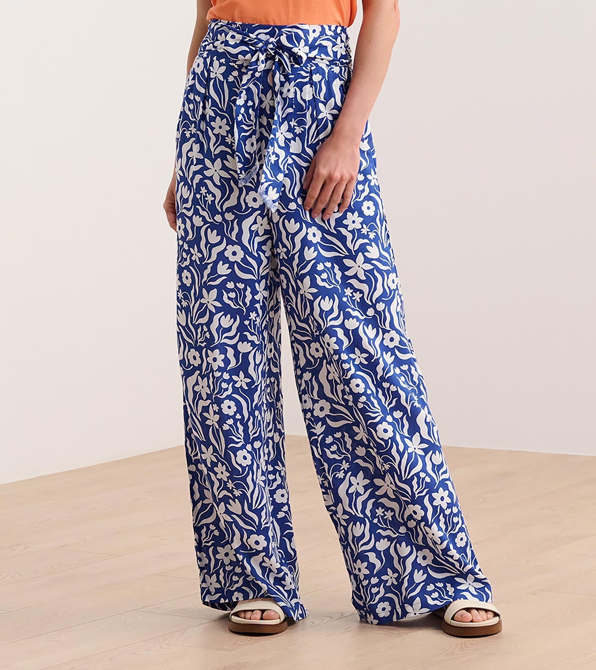 Belted Wide Leg Pants - Wavy Flowers
