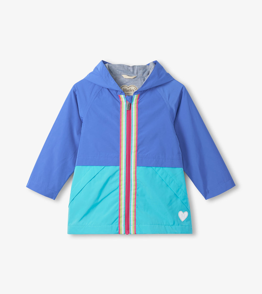 Girls Blue Colorblock Jersey-Lined Rain Jacket