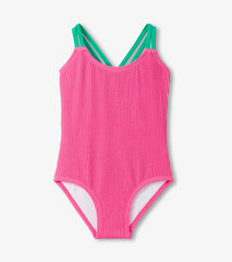 Girls Hot Pink Ribbed One-Piece Swimsuit