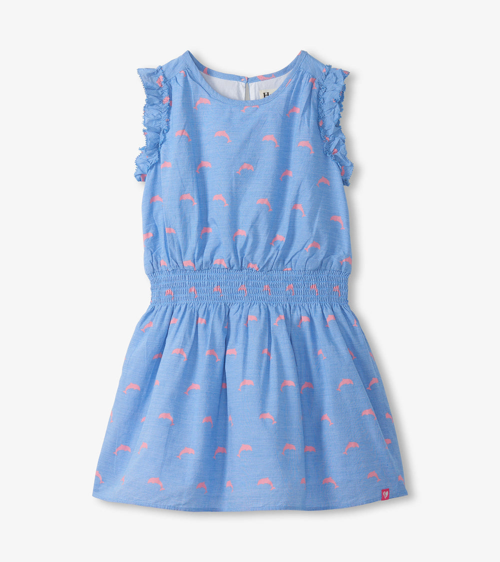 Girls Little Pink Dolphins Woven Play Dress