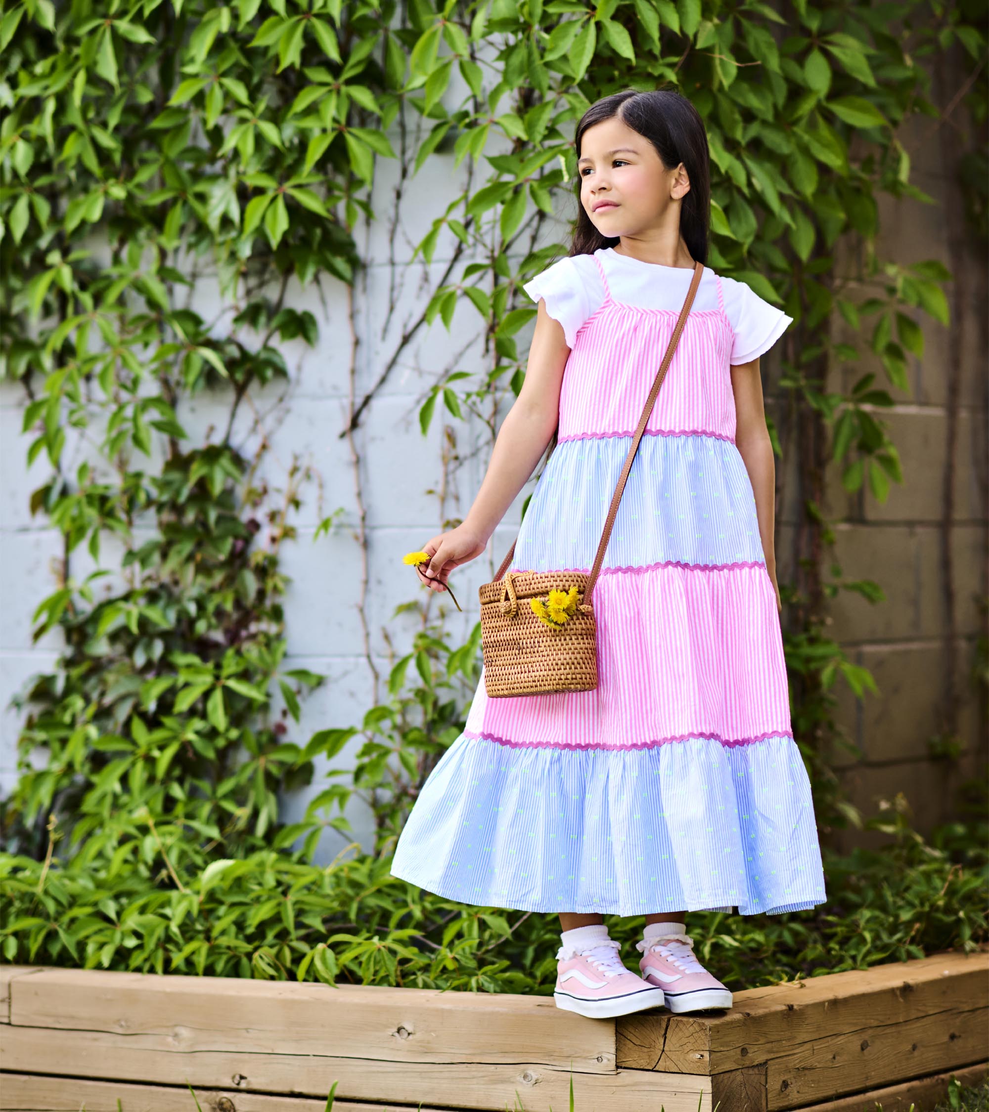 Girls Mixed Seersucker Strappy Midi Dress